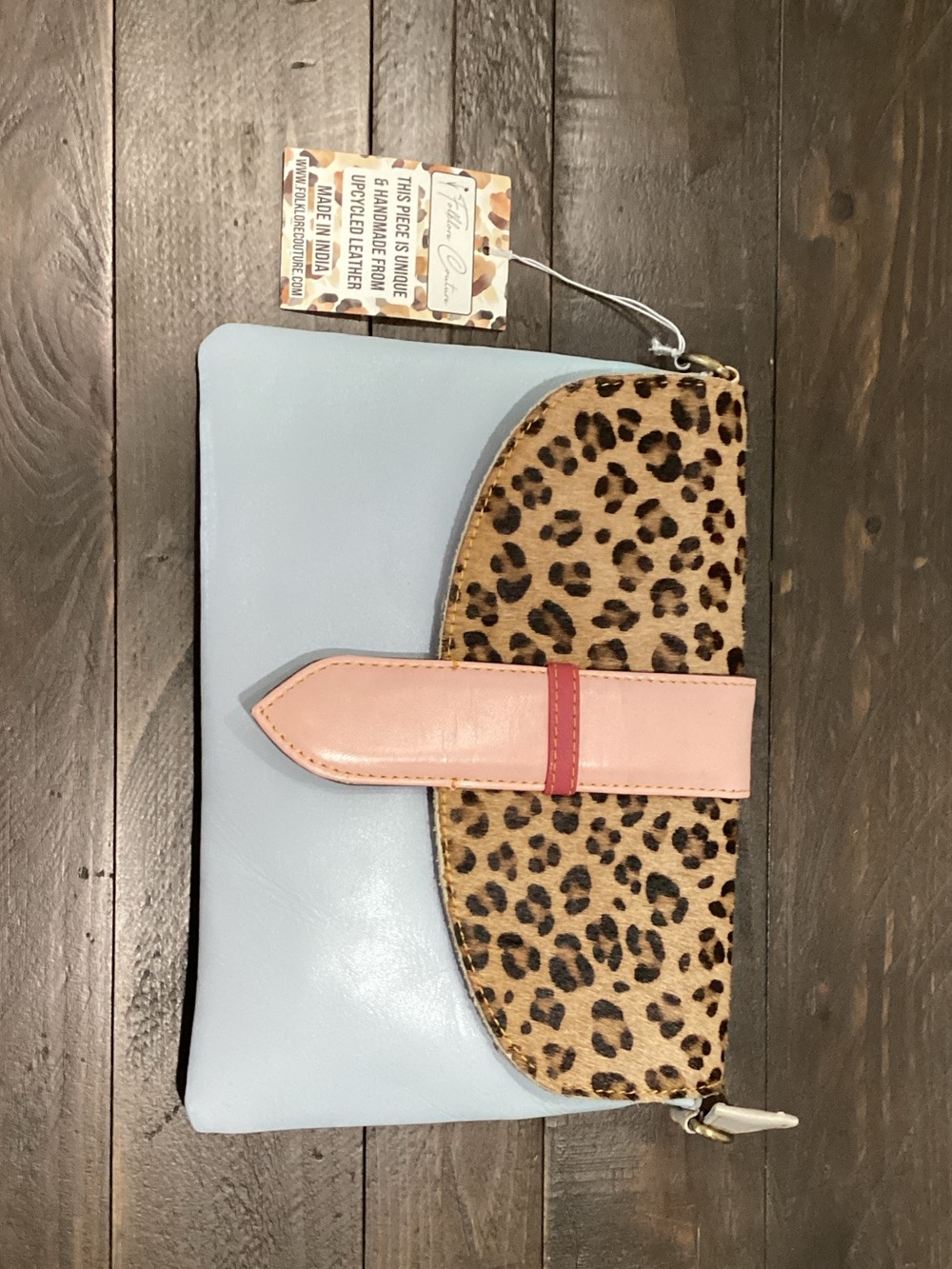 Light Blue and Leopard Print Women's Clutch with Pink Strap Accent